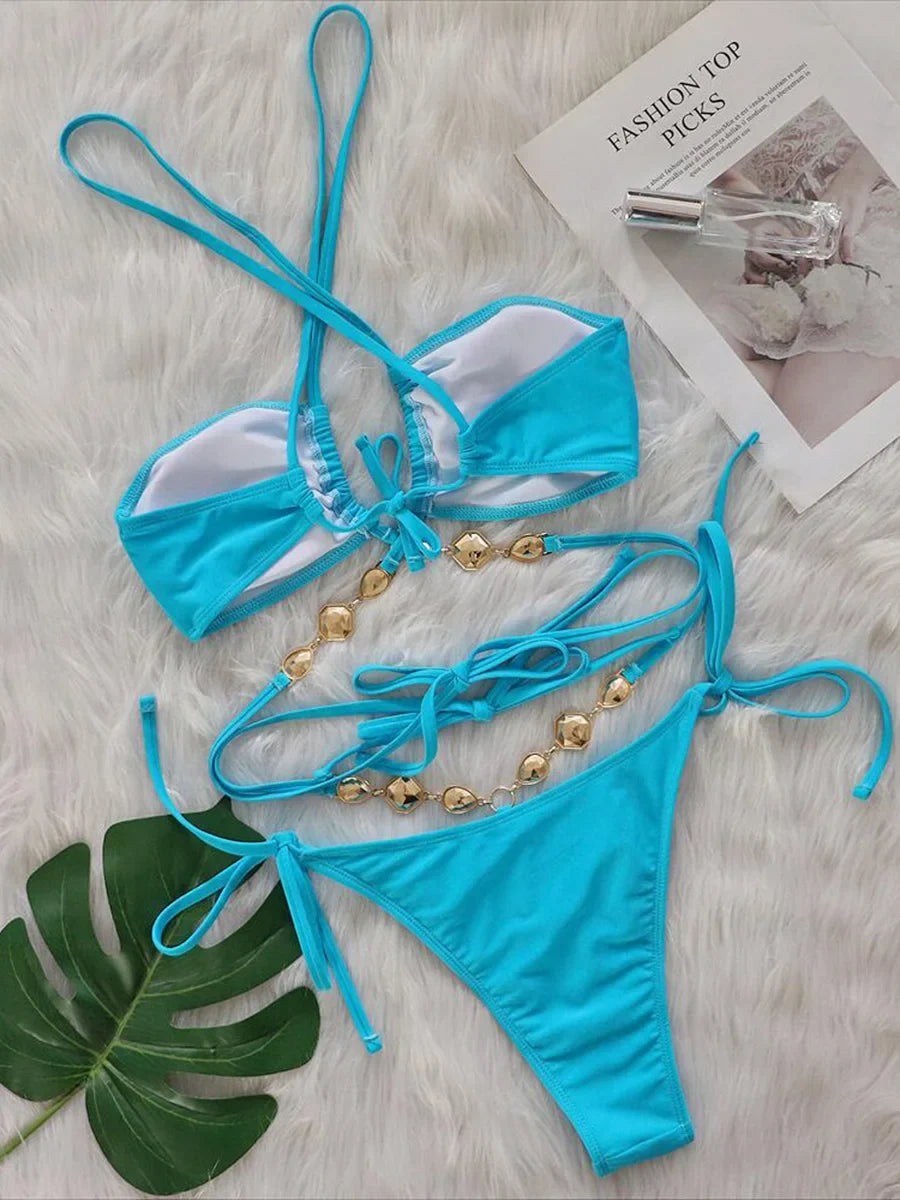 Wrap Around Halter Rhinestones Diamond Bikini Women Swimsuit Female Swimwear Two-pieces Bikini Set Bathing Suit Swim Beach Wear