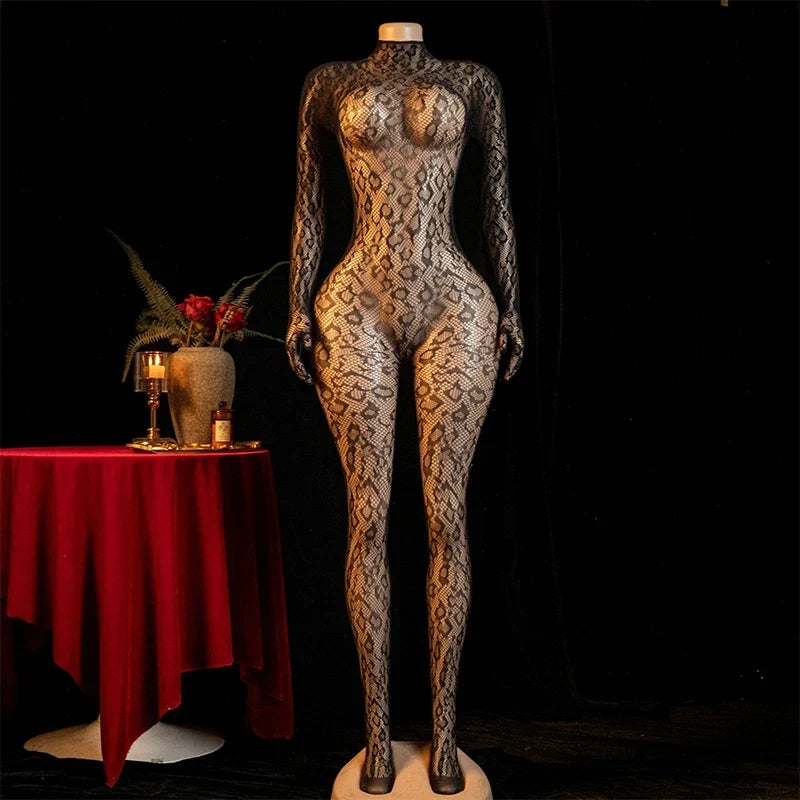 Hot Sexy Lingerie Erotic Crotchless Women Mesh Hollow Bodystockings Full Sleeve Leopard  Sling Hanging Neck Underwear Body Suits