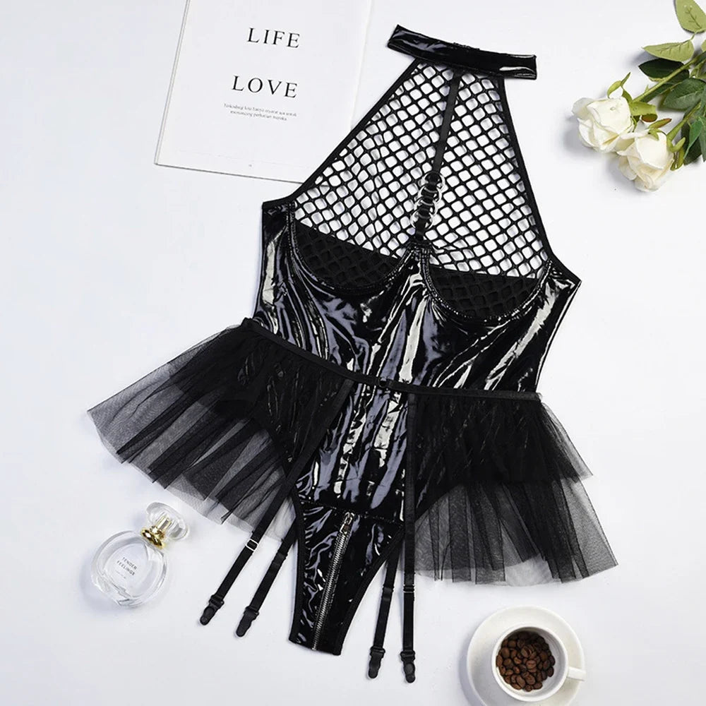 PU Latex Leather Open Crotch Bodysuit for Women Sexy Underwear Lingerie Set Erotic Mesh See Through Costumes