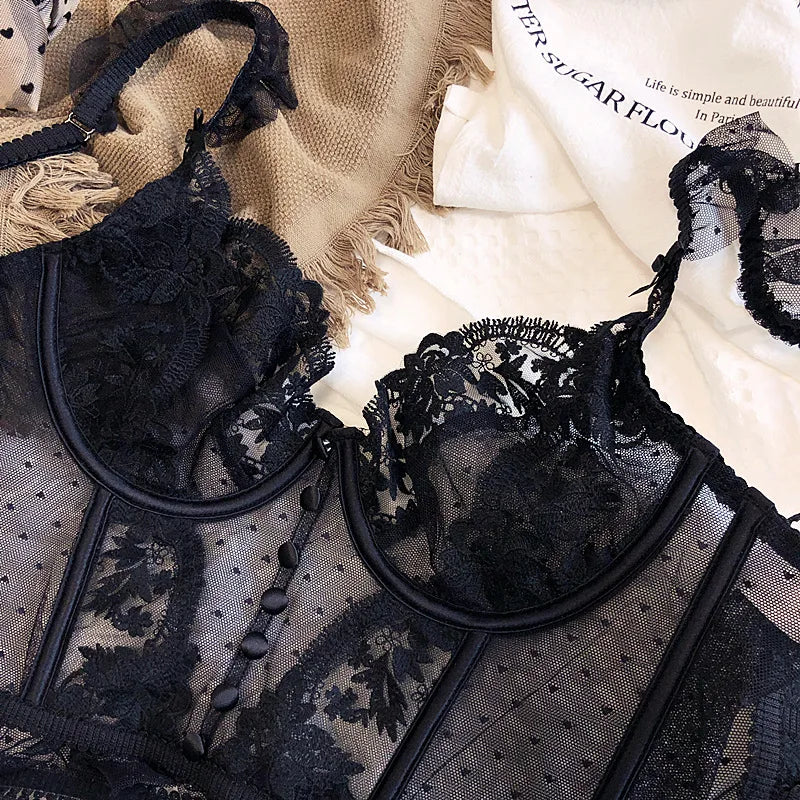 French Sexy Lingerie Set Women Ultra Thin See Through Embroidery Lace Bra & Thong Push Up Underwear Shaping Camisole Set MOYISU