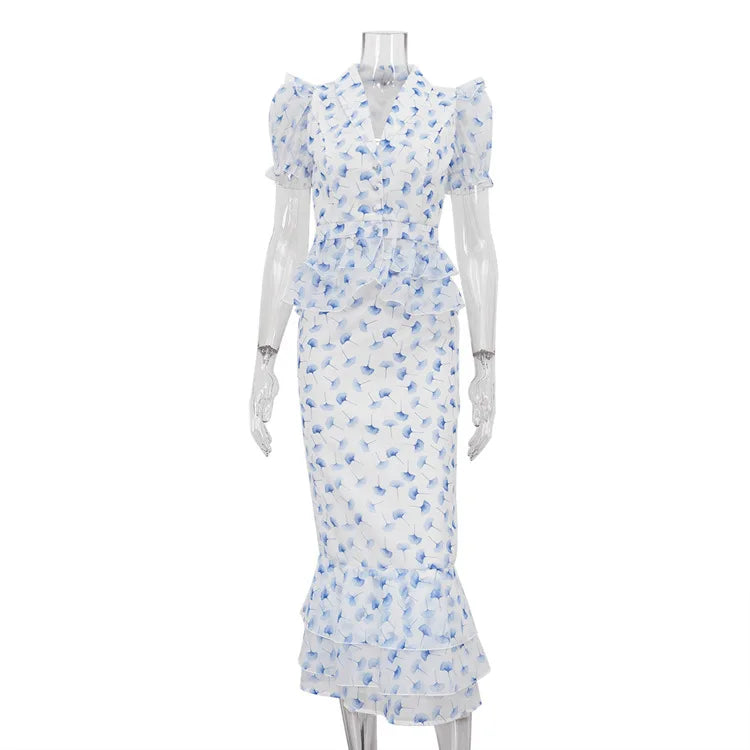 FDYOUI V-neck Short Sleeve Single Breasted Ruffles Blouse Tops+Mermaid Skirts Suits Elegant Floral Print Midi Dress 2 Piece Set