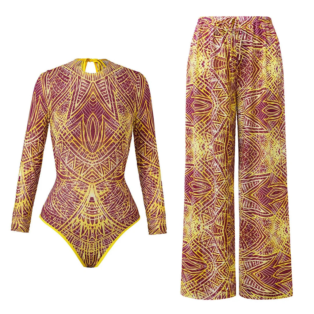 S - XL New Flower Printed Floral Long Sleeve With Pants One Piece Swimsuit Women Swimwear Female Bather Bathing Suit Swim V7099