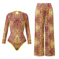 S - XL New Flower Printed Floral Long Sleeve With Pants One Piece Swimsuit Women Swimwear Female Bather Bathing Suit Swim V7099