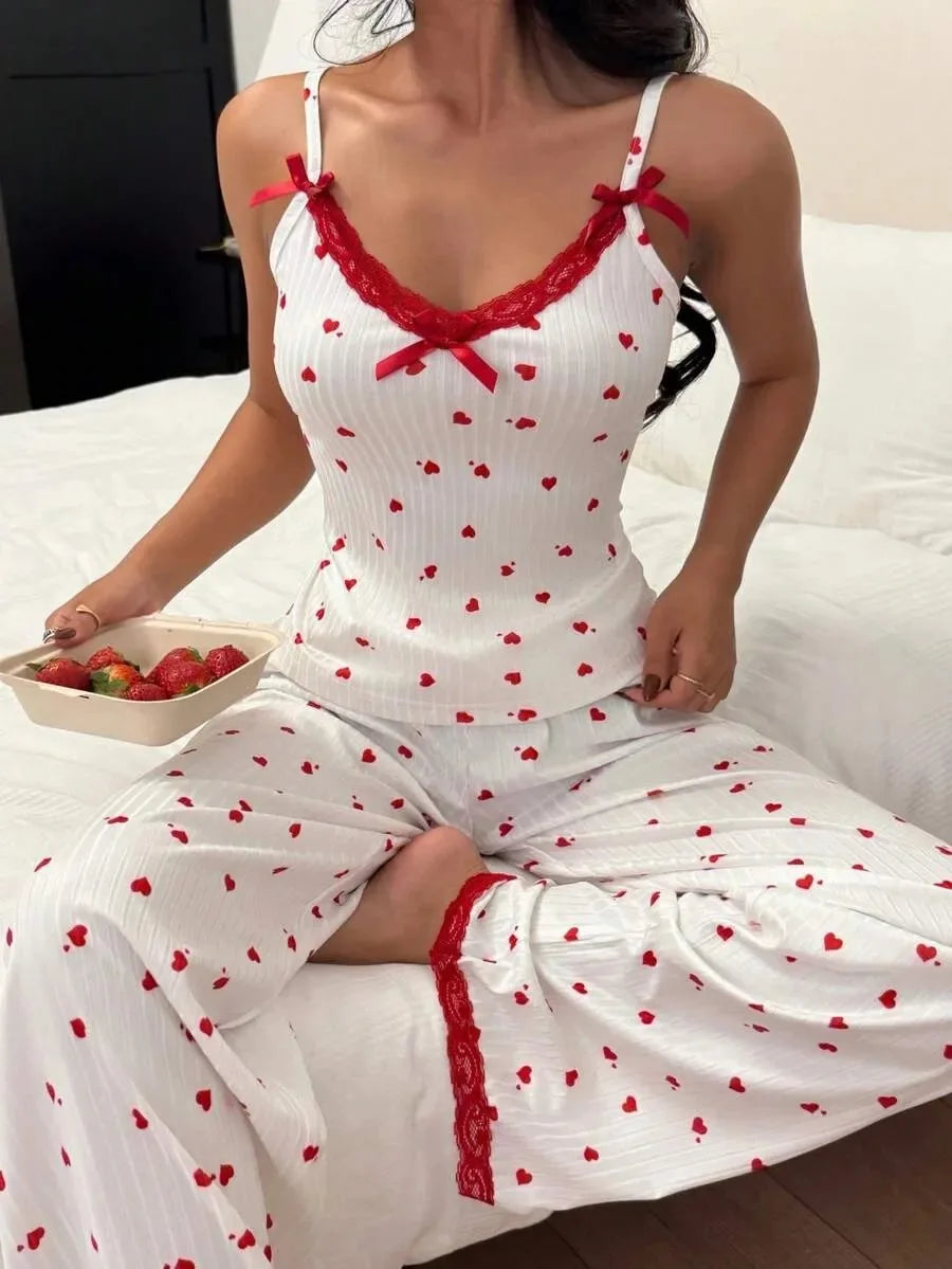 Sling Sexy Lingerie Pants Set Hot Selling Heart Printing Pajamas V Neck Top Trousers 2-piece Women's Summer Home Clothing Sets