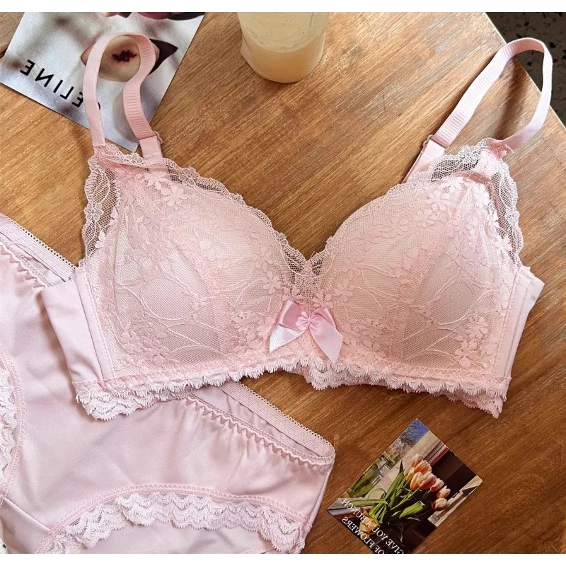 Wireless French Bralette for Small Chest, No Adjustable Push Up Lace Bra Set, Comfort Sexy Non Padded Lingerie for Women MOYISU