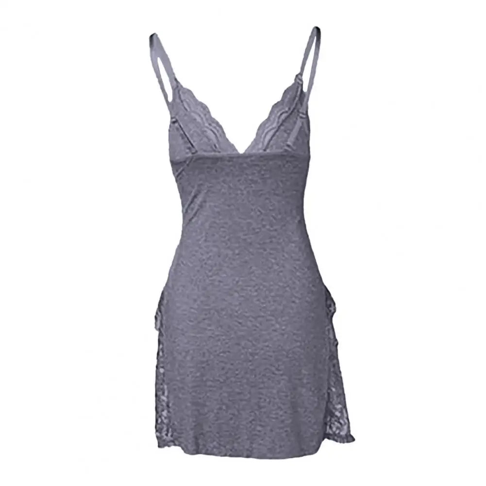 Women Summer Nightdress Backless Deep V Neck Spaghetti Strap Sleeveless Sleepwear Lace Trim Split Hem Nightie Night Slip Dress
