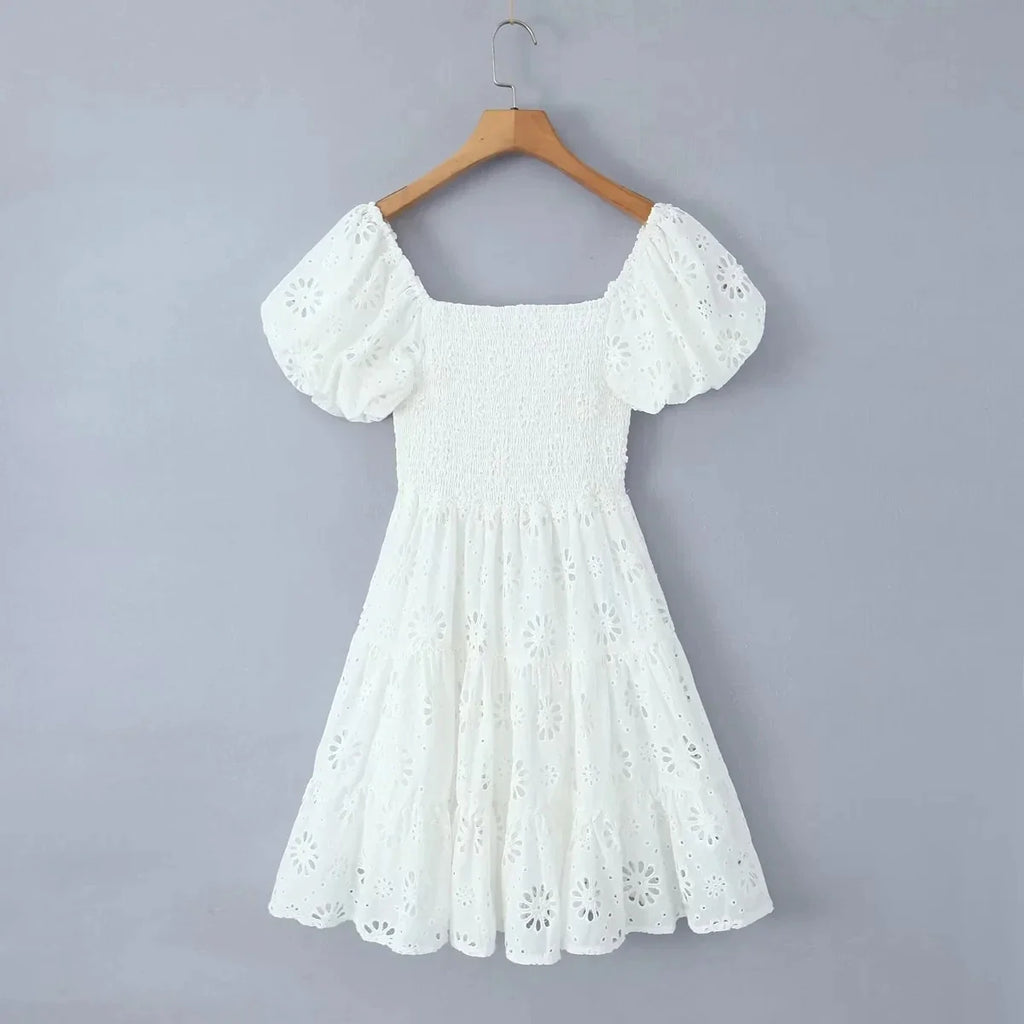 Puff Sleeve Cotton White Lace Dress Women Summer 2025 Square Collar Vintage Beach Short Dress Petite Flower Embriodery  Dress