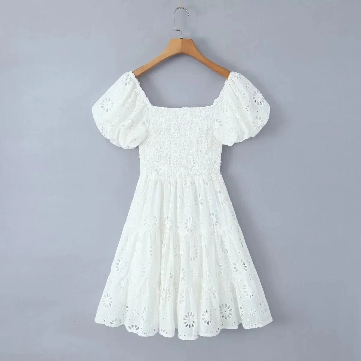 Puff Sleeve Cotton White Lace Dress Women Summer 2025 Square Collar Vintage Beach Short Dress Petite Flower Embriodery  Dress