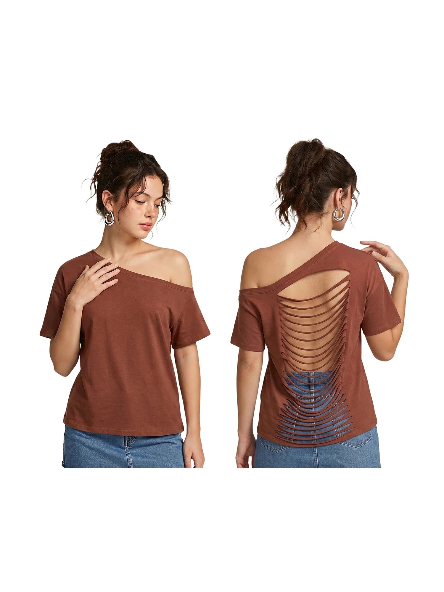 Women's Ripped Backless T-shirt Off Shoulder Short Sleeve Loose Fit Tee Tops Solid Color Shirts for Party Club Gothic Summer