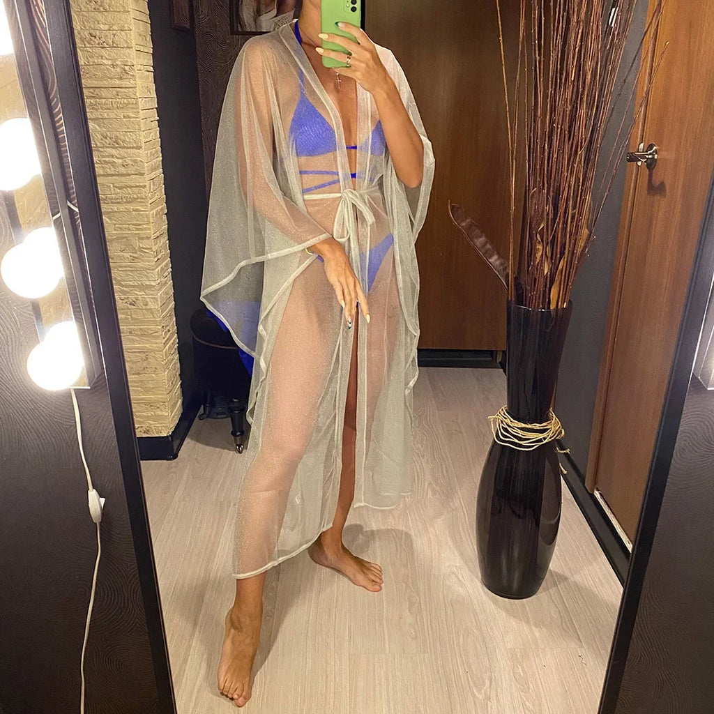 3 Colors Sexy Glitter Mesh Sheer See Through Tunic Beach Cover Up Cover-ups Beach Dress Beach Wear Beachwear Female Women V3217