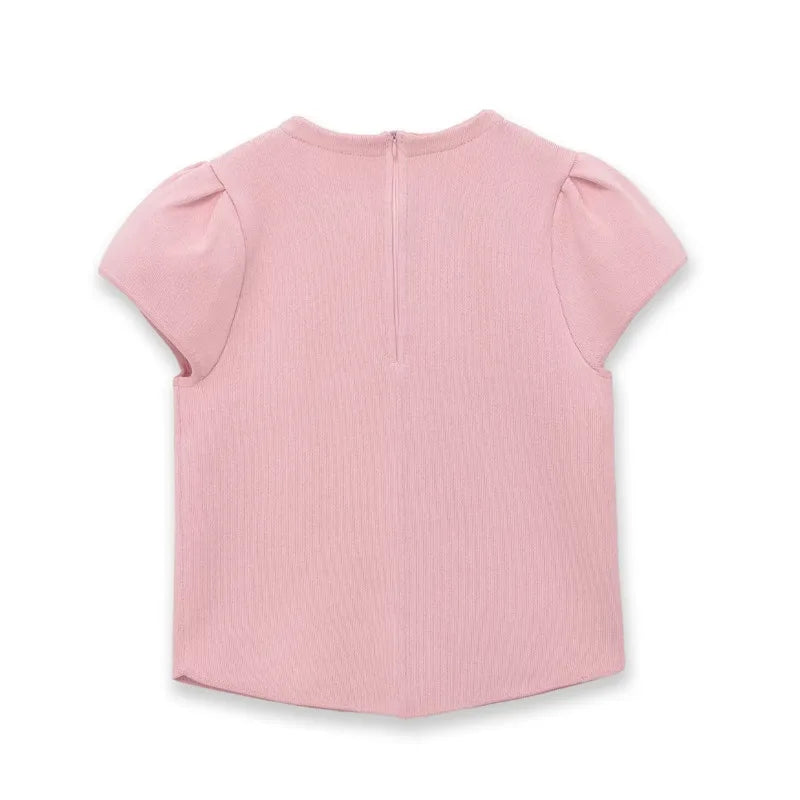 Women's Fashion Casual Puff Sleeve Casual Top Pink Puff Sleeve Knit Top Round Neck Ribbed Back Zipper Casual Style T-Shirt 60BW