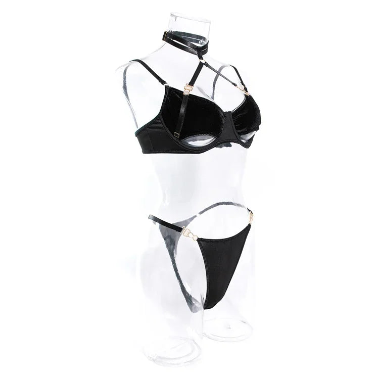 Toucheart 2-Piece Set Sexy Lingerie Women See-Through Halter Neck Comfortable Garter Socks Solid Color Hollow Out Underwear Set