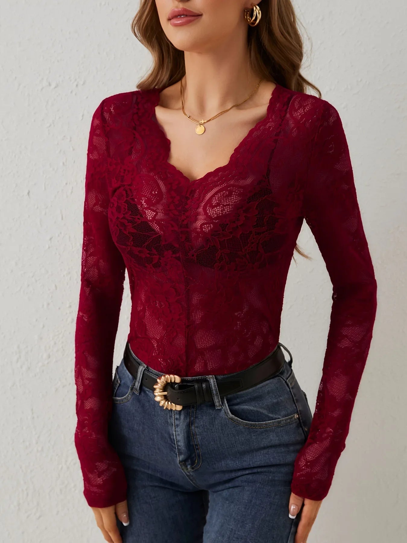 Women Sexy Base Layer Shirt Solid Black Sheer Lace Top Slim Flower Scallop Trim V Neck Long Sleeve T-shirt Trendy Tight Lace Top