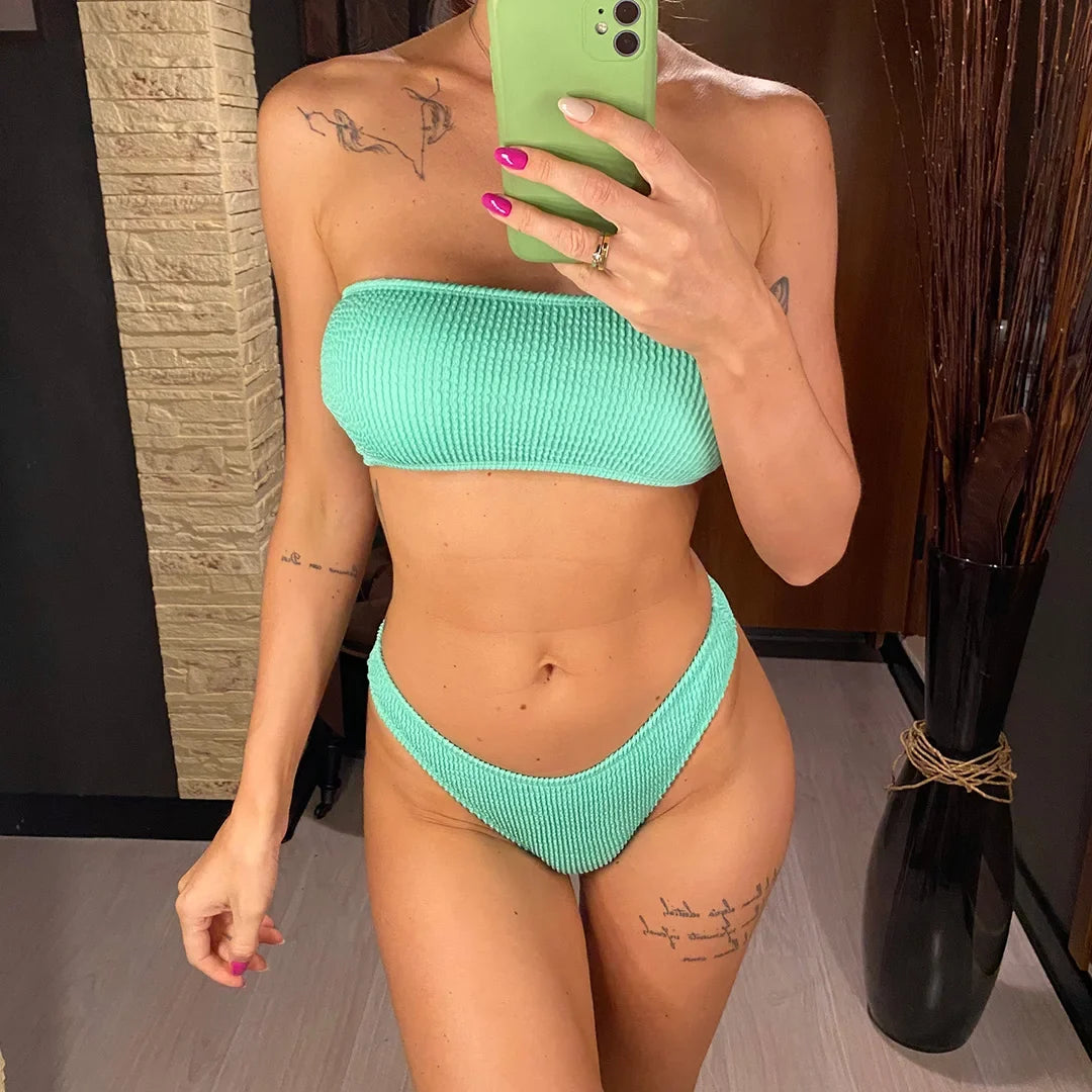 Bandeau Wrinkled Crinkled Bikini Female Swimsuit Women Swimwear Two-pieces Bikini set High Cut Bather Bathing Suit Swim V3314