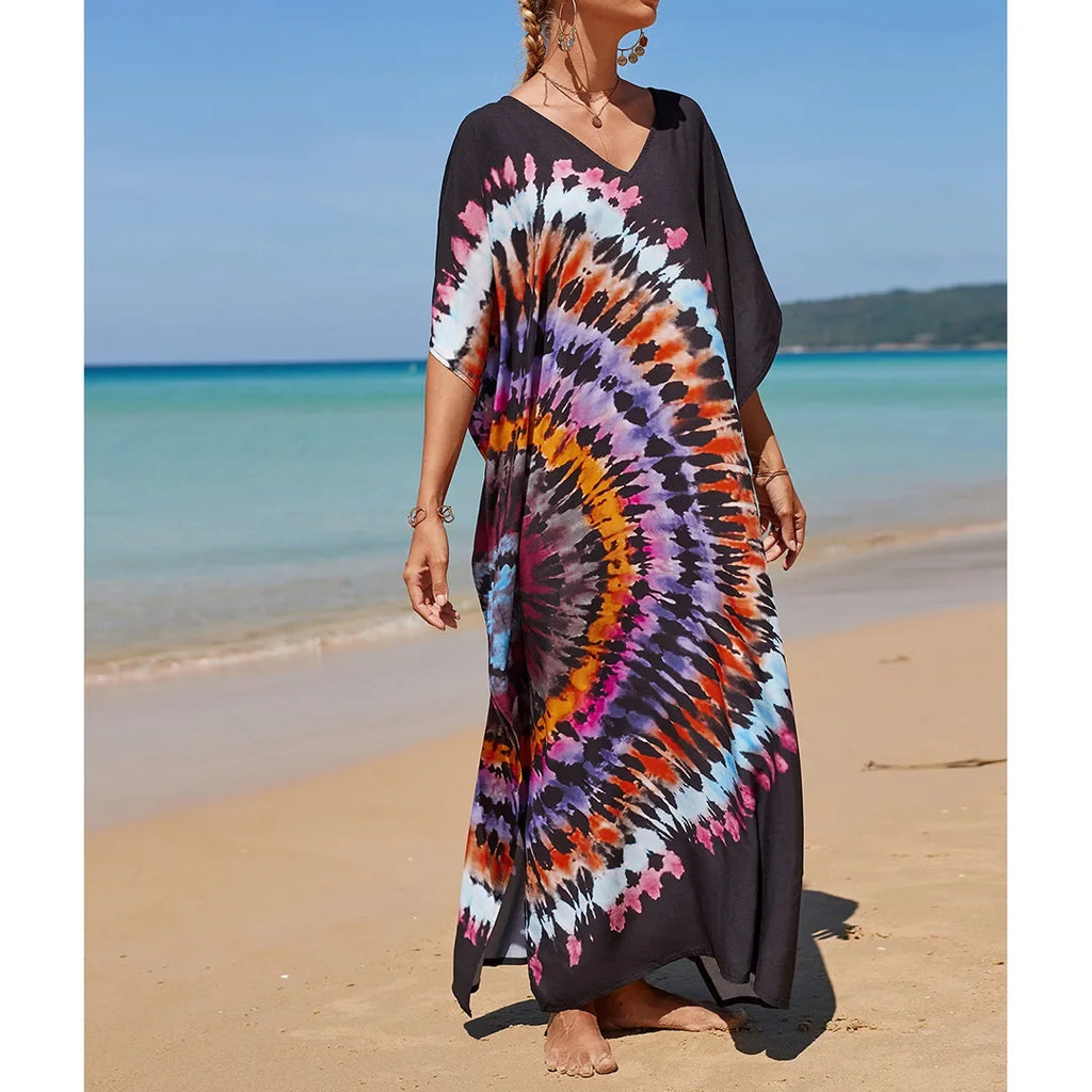 2026 New Colorful Kaftan Tunic Beach Dress Beach Wear Beachwear Beach Cover Up Cover-upsLoose Maxi Dress Female Women V4428