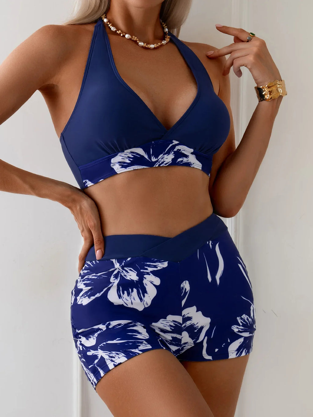 Vintage Navy Floral Print Bikini Set 2026 Women Push Up Bra High Waist Swimsuit Summer Bathing Suit Holiday Two Piece Swimwear