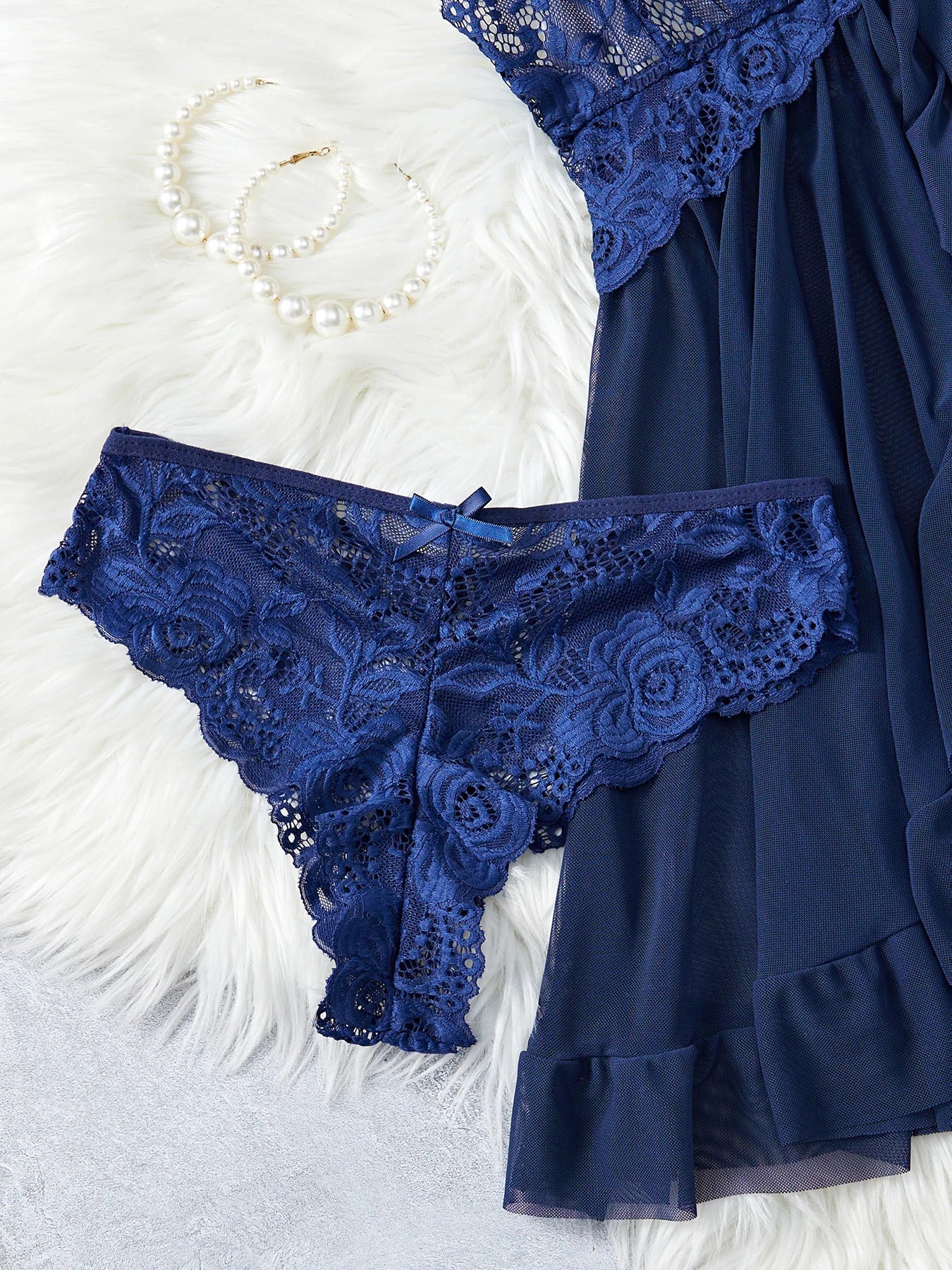 Transparent Blue Lingerie Women Underwear Sleepwear Lace Nightdress And Panties Pijamas Set Female Nighty