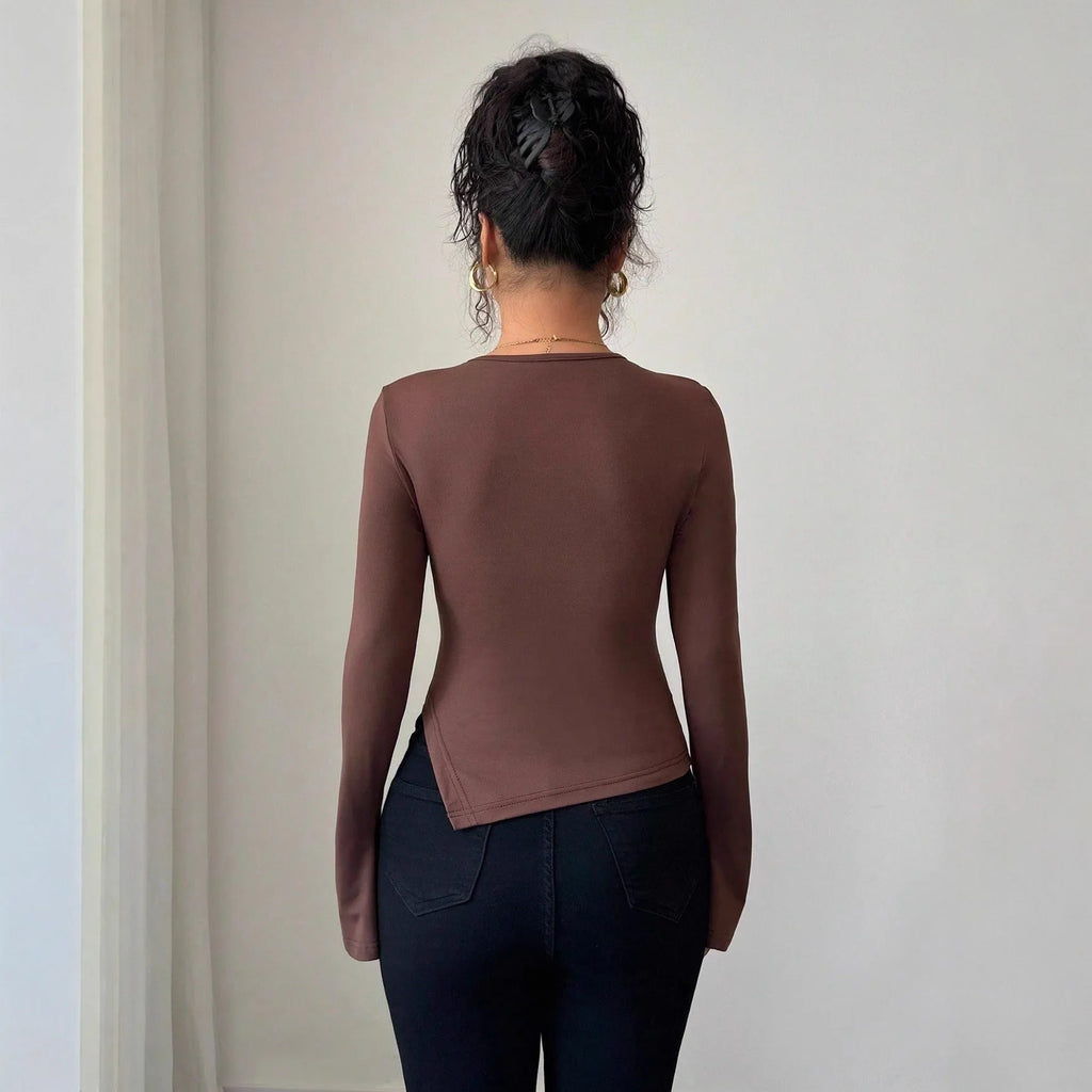 Autumn and winter inner asymmetrical hollow metal decoration slim fit daily outer top