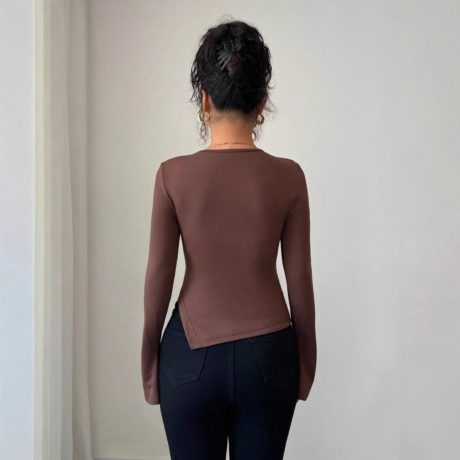 Autumn and winter inner asymmetrical hollow metal decoration slim fit daily outer top