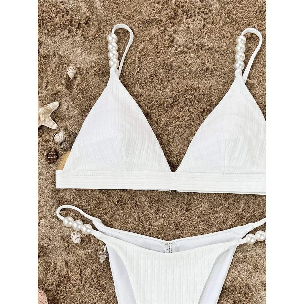 Sexy Pearls High Leg Cut Padded Bikini Female Swimsuit Women Swimwear Two-Pieces Bikini Set Bather Bathing Suit Swim Lady V4366
