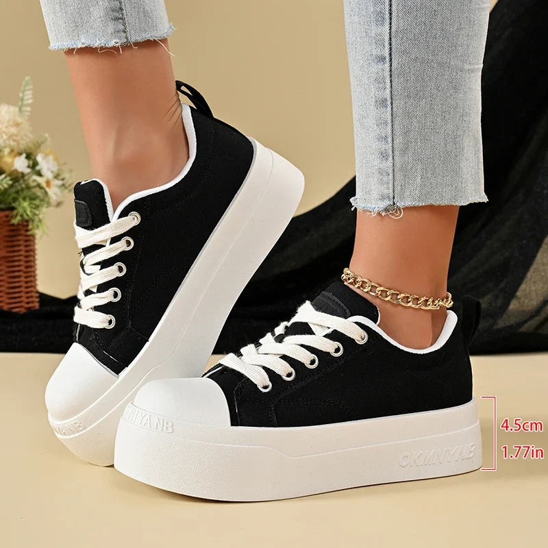 Korean Round Toe Platform Sneakers Women 2026 Autumn Lace Up Thick Bottom Vulcanized Shoes Woman Plus Size 43 Non Slip Sneakers