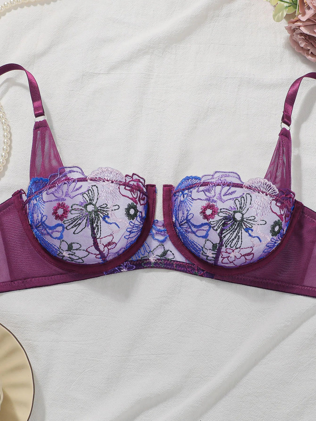 High-quality purple embroidered lingerie sexy semi-transparent bra sexy brassiere women's underwear YS2933