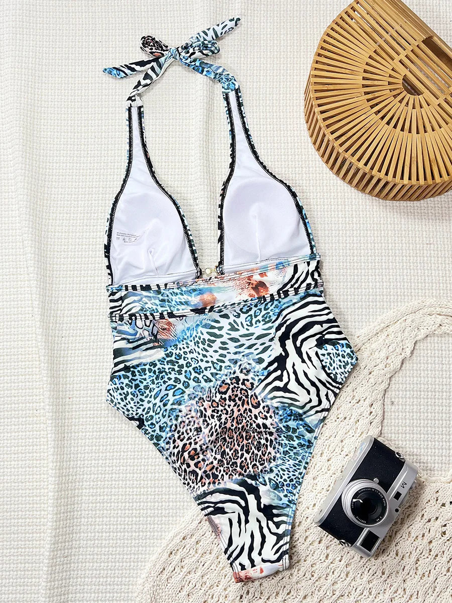 Tiger Printed Halter Deep V Neck One Piece Swimsuit Women Swimwear Female Backless Monokini High Cut Bathing Suit Swim Bodysuit