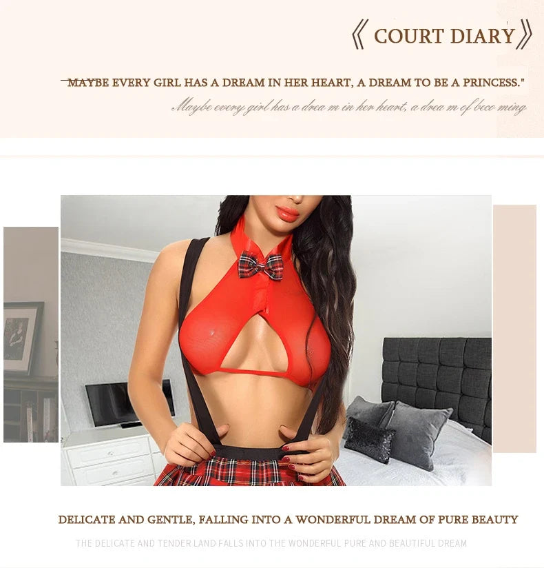 Toucheart Sexy Uniform Temptation Jumpsuit For Women Cosplay Mesh Plaid Perspective JK Sex Suit Mesh Patchwork Uniform Set New