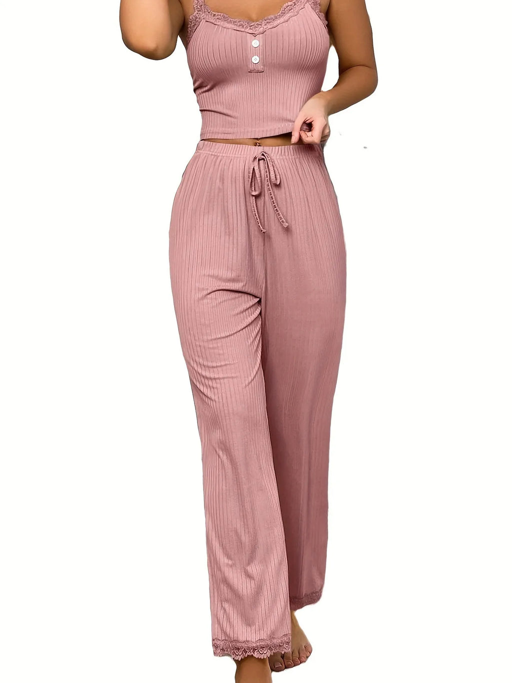 Women’s Summer Lace Trim Pajama Set, Ribbed Cami Top and Long Pants, Soft Casual Loungewear Sleepwear for Ladies