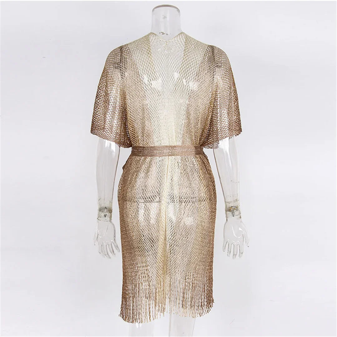 Sexy With Belt Fringe Tassel Crochet Knitted Tunic Beach Cover Up Cover-ups Beach Dress Beach Wear Beachwear Female Women V4649