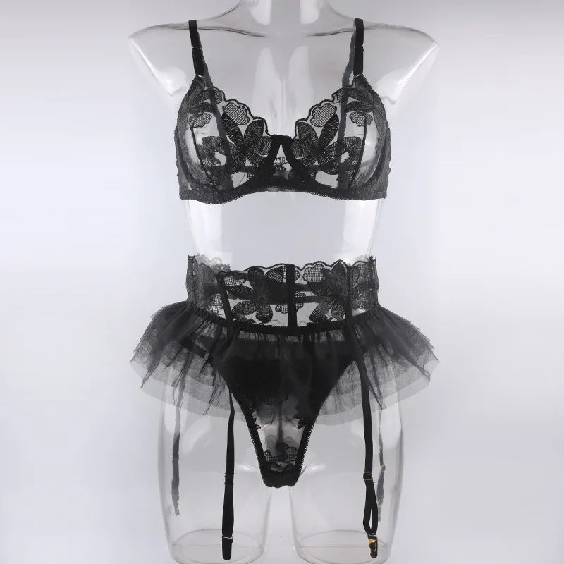 Toucheart 3 Piece Set Lingerie Garter Sets Lingerie For Woman Sexy Mini Skirt See-Through Embroidered Bra Erotic Underwear New