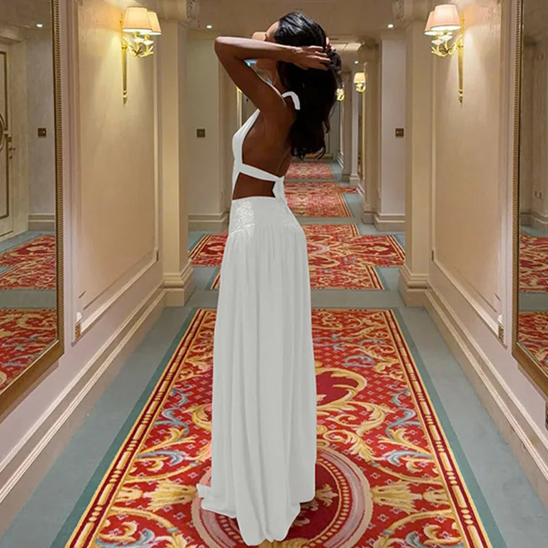 FDYOUI Sexy Halter Neck Backless Wedding Party Dress Women 2026 Summer Hollow Out Lace-up Long Maxi Evening Dresses Red Gowns