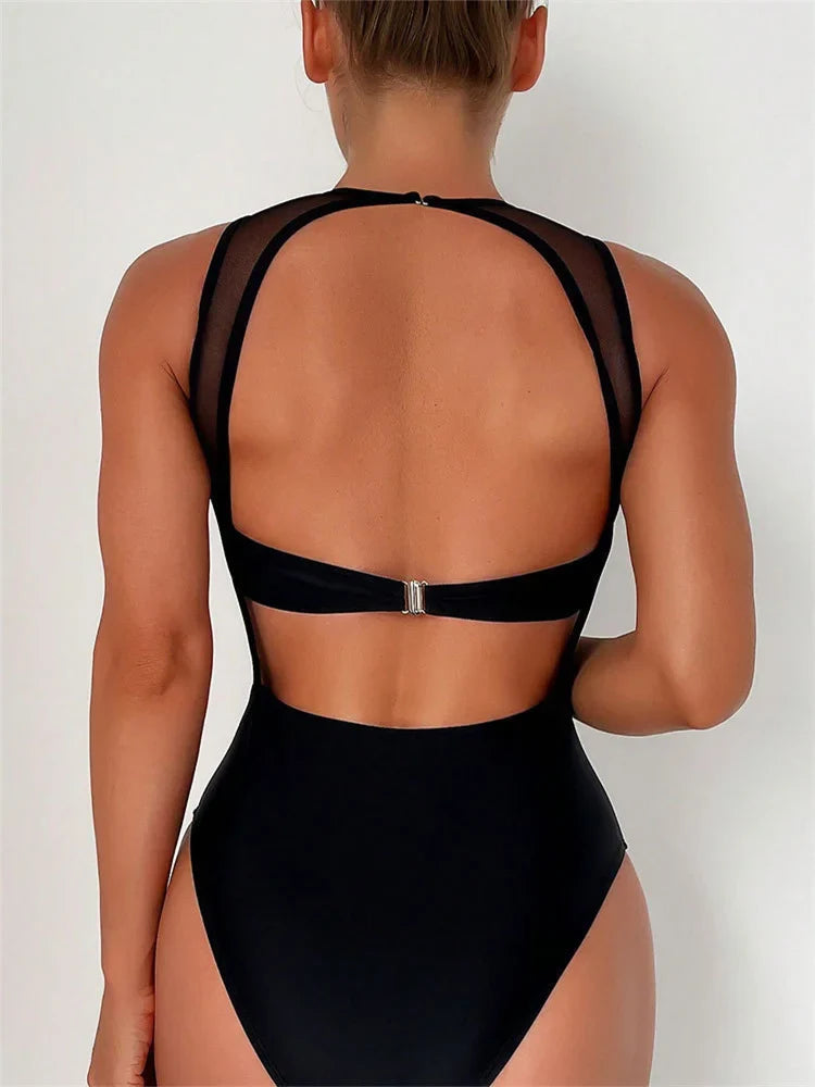 Sexy See Through One Piece Swimsuit 2025 Women Solid Black Mesh Transparent Hollow Out Backless Bathing Suit Swimwear Beachwear