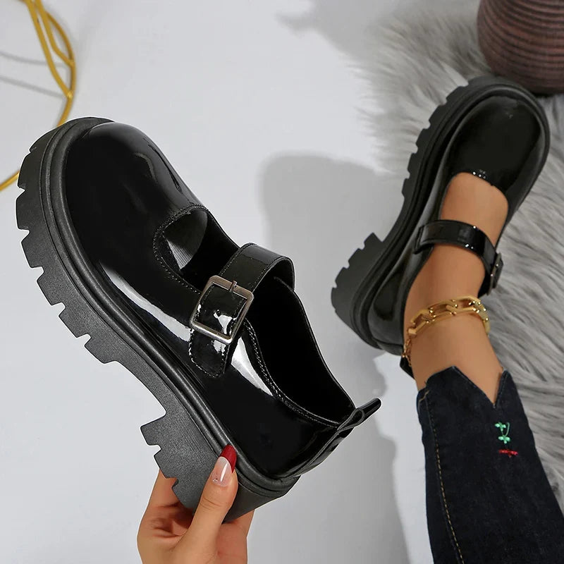 Patent Leather Thick Sole Mary Jane Shoes Women 2025 Ankle Buckle Platform Pumps Woman Round Toe High Heel Lolita Shoes Female