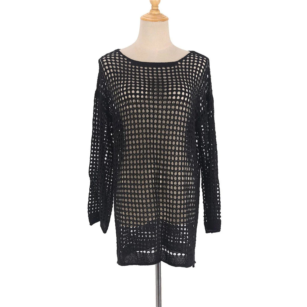 Long Sleeve Hollow Out Top Crochet Knitted Tunic Beach Cover Up Cover-ups Beach Dress Beach Wear Beachwear Female Women V4250