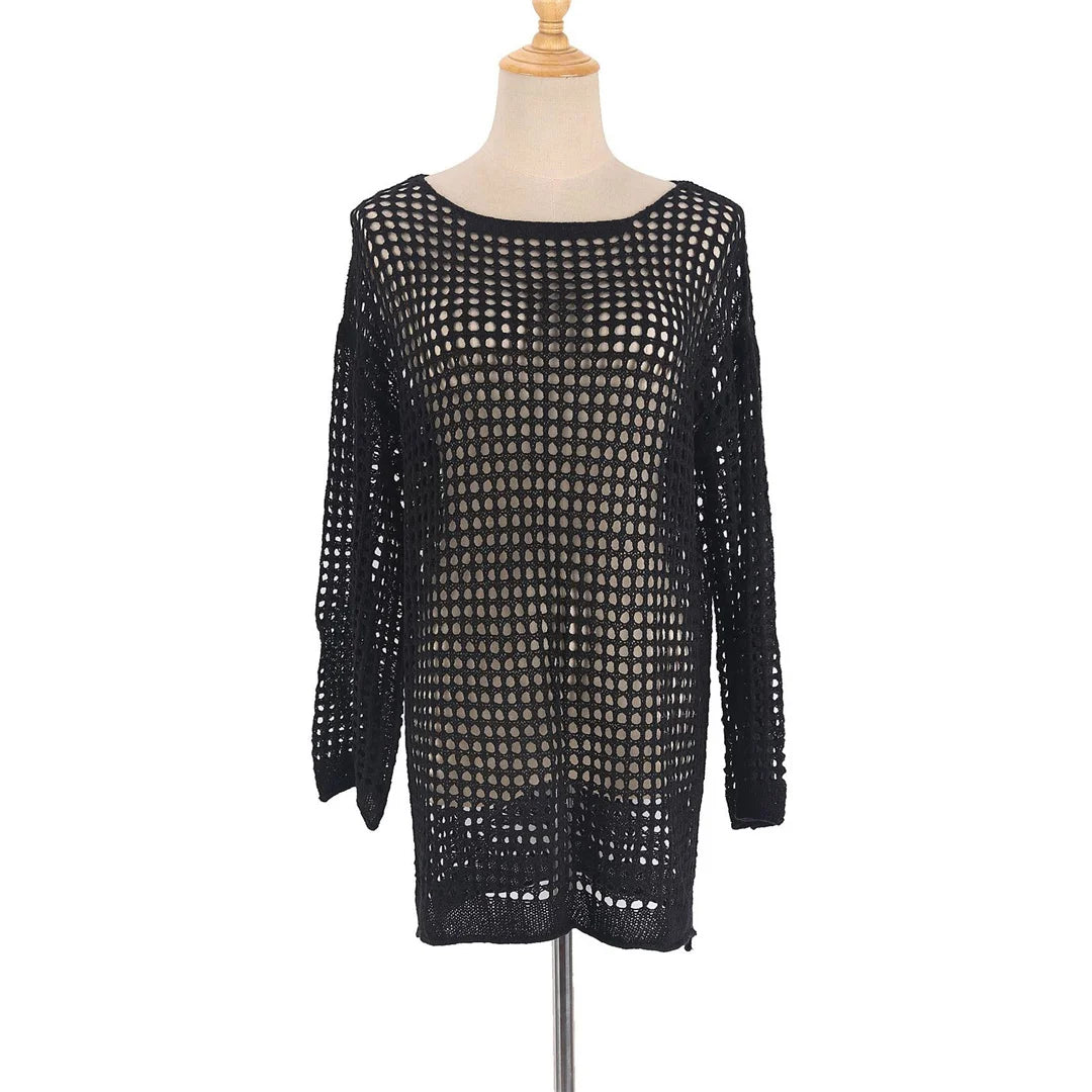 Long Sleeve Hollow Out Top Crochet Knitted Tunic Beach Cover Up Cover-ups Beach Dress Beach Wear Beachwear Female Women V4250