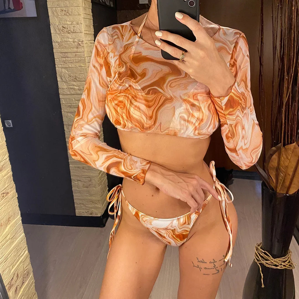 S- XXL Leopard Printed Long Sleeve Bikini Women Swimwear Female Swimsuit Three-Pieces Bikini Set Bather Bathing Suit Swim V3193Y