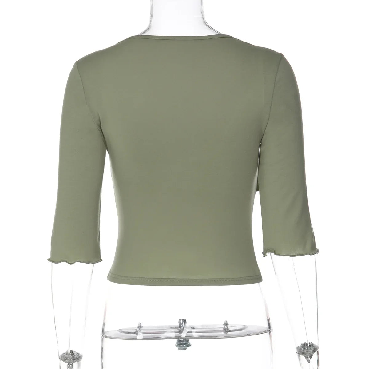 FDYOUI Women's T-shirt Tops Casual Fashion Lace Patchwork Green T Shirts Female Clothing V-neck Ruched Slim Crop Top Streetwear