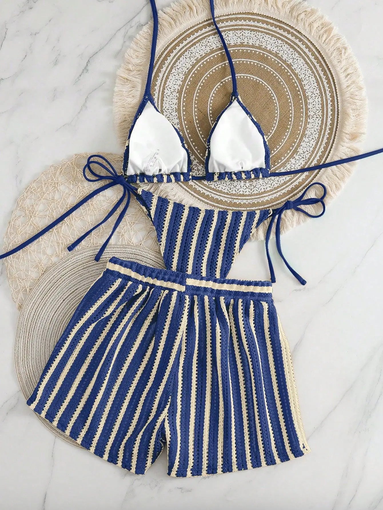 3PCS With Shorts Stripe Halter Fishnet Bikini Women Swimwear Female Swimsuit Three-pieces Bikini Set Bathing Suit Swim Beachwear