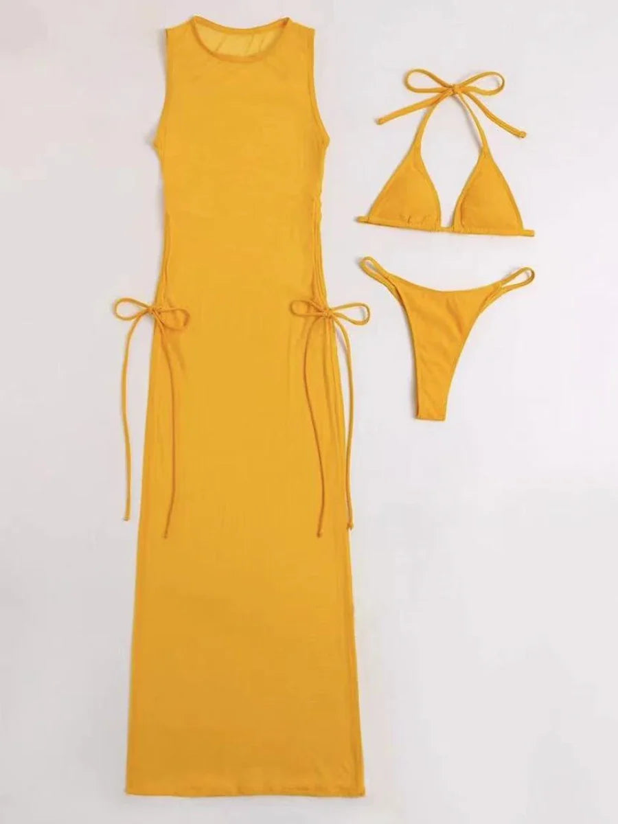 3 Pieces Thong Bikini 2026 Women With Dress String Swimwear Female Solid Swimsuit Beach Wear Bathing Swimming Suit Summer