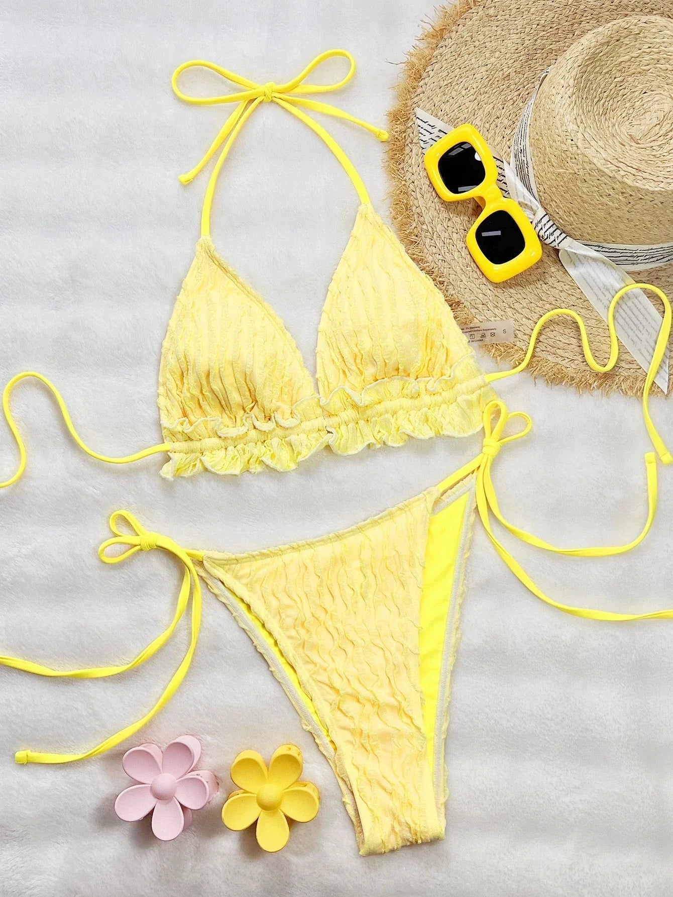 DEKA Yellow String Bikinis Halter Triangle Micro Bikini Set Thong Ruffled Ruched Sexy Swimsuit Women 2025 Swimwear Bather De Muj