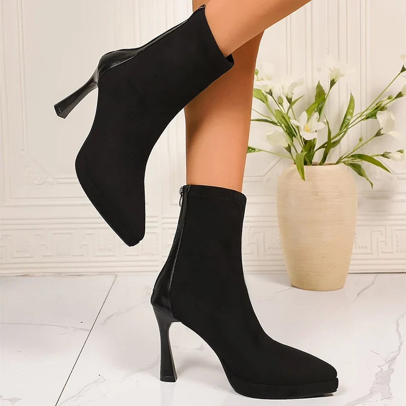 Sexy Pointed Toe Thin High Heels Boots Women Fashion Back Zipper Platform Ankle Boots Woman Super High Heeled Short Booties 42