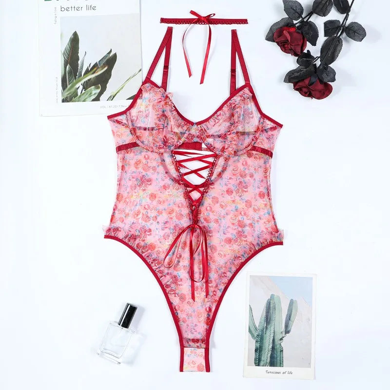 Toucheart Sexy Women Lace Backless Interesting  Babydoll Bodysuit Wrap Dress High Waisted Printing Bow Knot  Babydoll Bodysuit