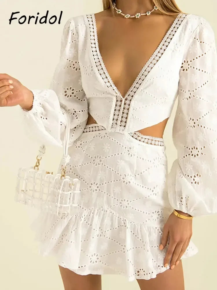 Foridol Waist Hollow Out V Neck Backless White Lace Party Dress Christmas Vestido Robe Ruffled Cotton Long Sleeve Autumn Dress