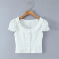 Sweet Lace Doll Collar Puff Sleeve Women's Shirt With Single Breasted Buttons Hollow Jacquard Slim-fit Pure Desire Elegant 6VN3