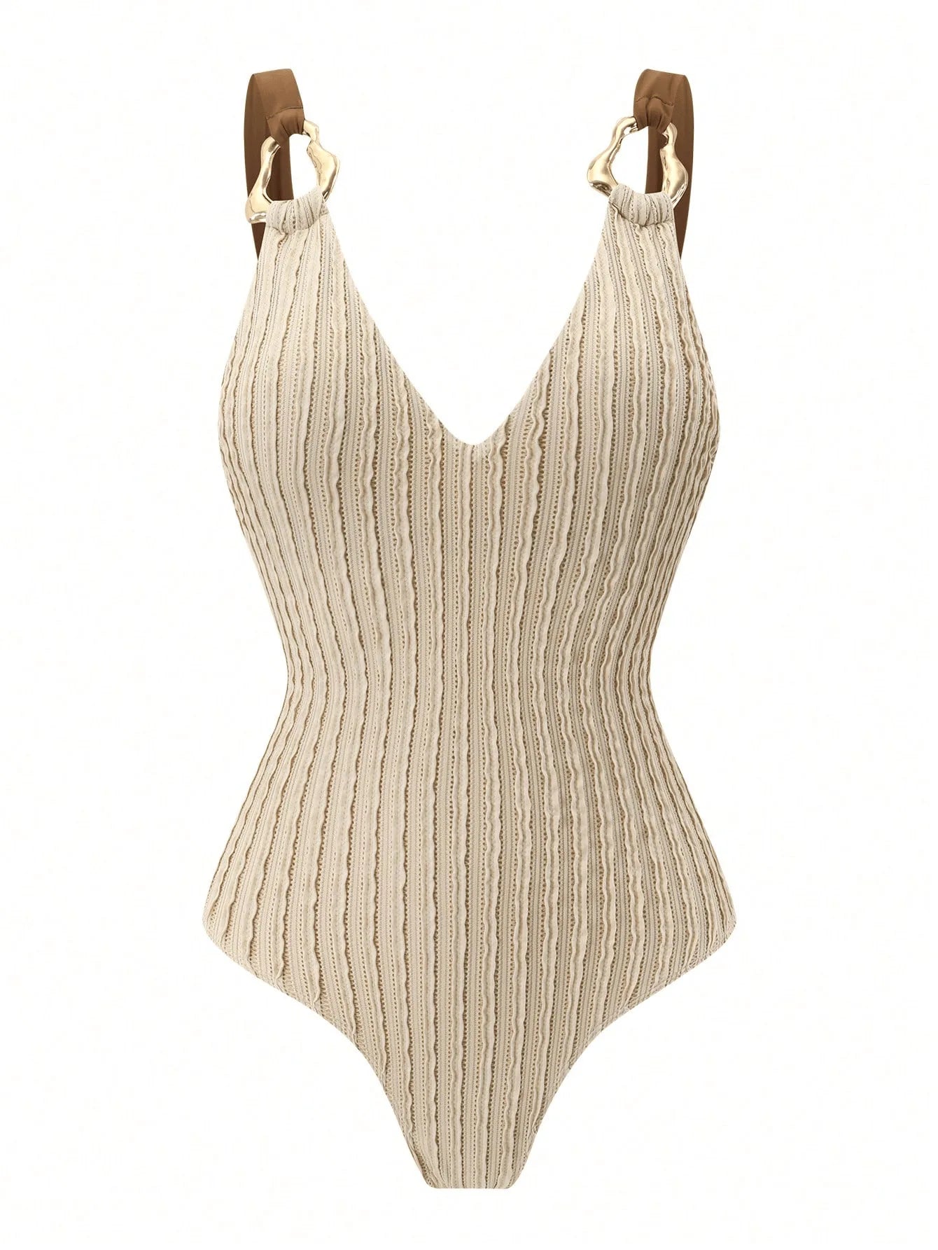 Vintage Beige Ribbed Swimwear Skirt Set Women Metal Buckle Strap V Neck Hollow Out Backless Bathing Suit One Piece Swimsuit 2026