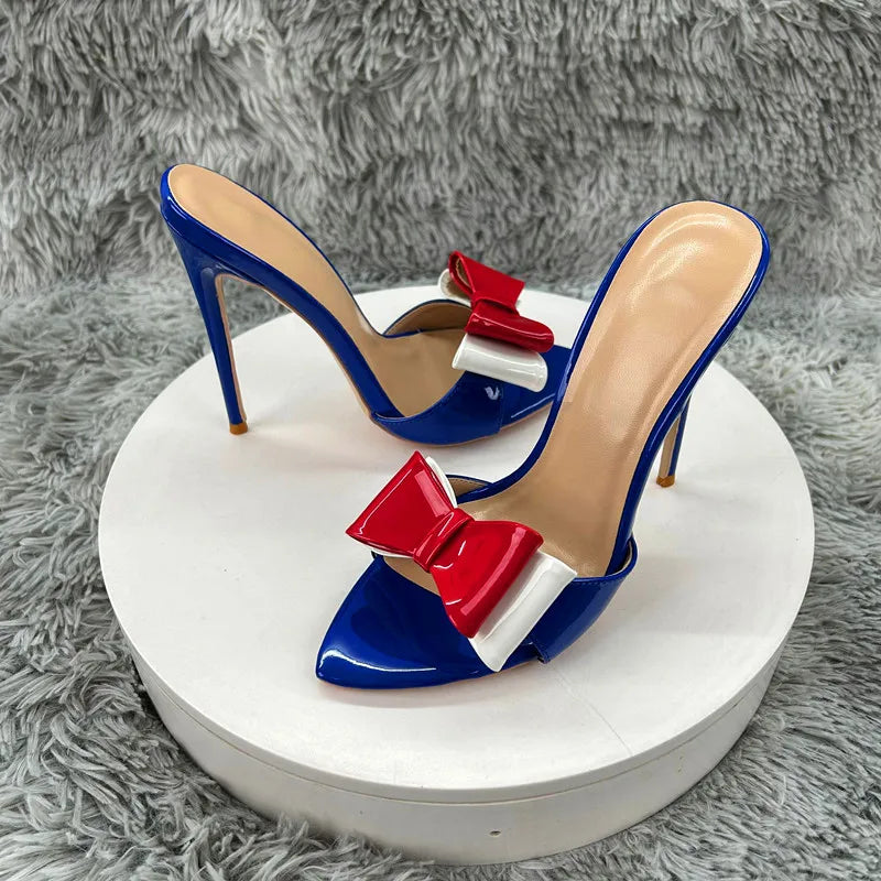 blue patent leather Pointy Toe  Sandals With  Bow Women Summer Casual Thin High Heel Shoes Female Outfit Evening Cross Strap Mul