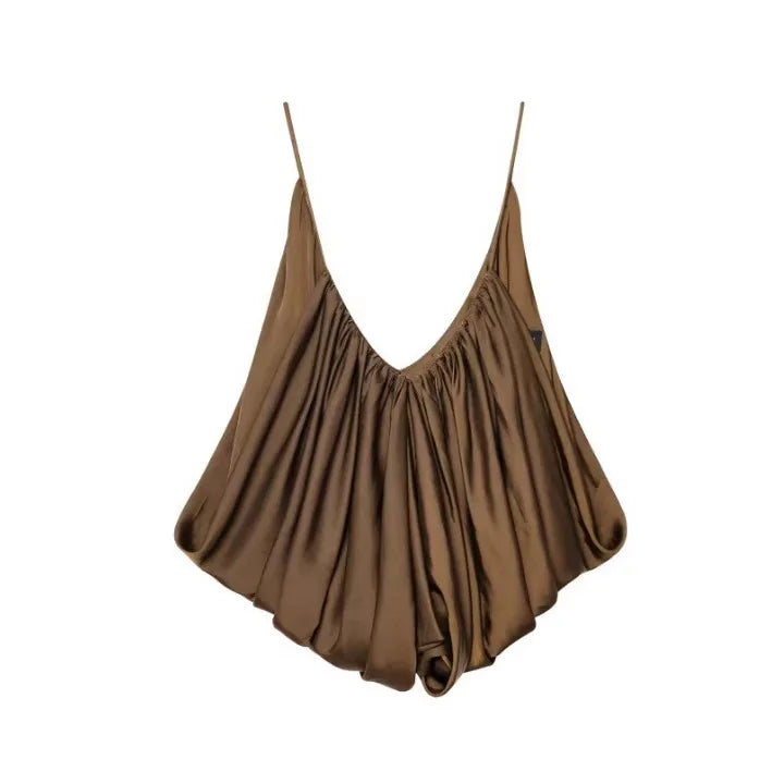 Women's Casual Fashion Silk Pleated Camisole Top Satin Camisole Top For Women Spaghetti Strap White Pink And Cream Colors 384X