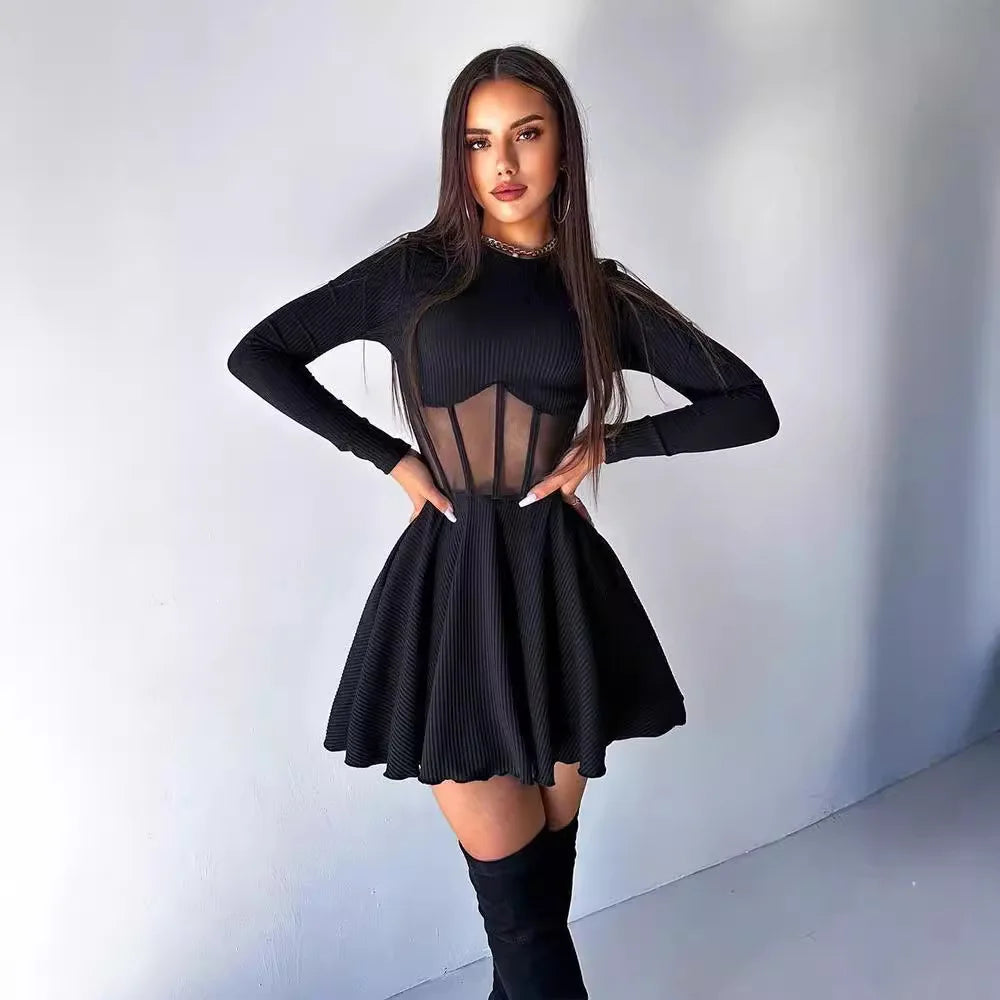 FDYOUI 2026 Sexy Mesh Patchwork A-line Short Dress Streetwear Women's O-neck Long Sleeve High Waist Tuncs Party Club Dresses