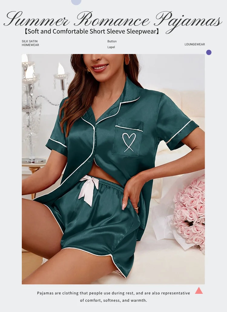 Women's Pajama Lounge Set Summer Heart Embroidered Pocket Patched Short Sleeve Shirt & Shorts Pajamas 2 Piece Set Pyjama Femme